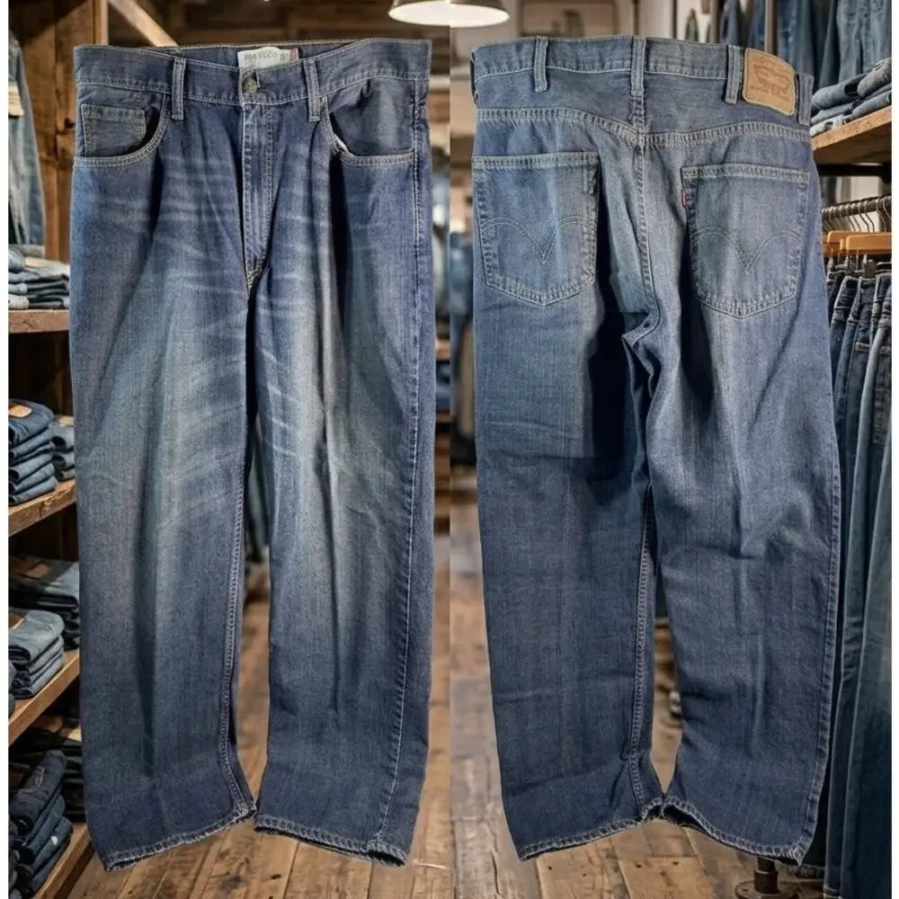 Levis 550 Mens 38x32 Relaxed Straight Denim Jeans Medium Wash Blue Red Tab
